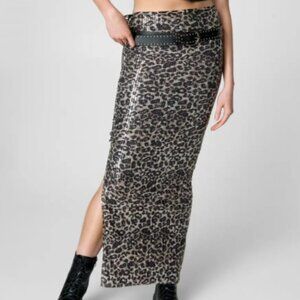 NASTY GAL Leopard Sequin Side Slit Maxi Skirt